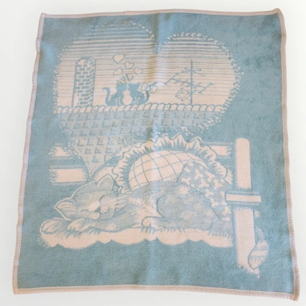 Vintage Cat Heart Baby Blanket Reversible Acrylic Light Blue Cottagecore